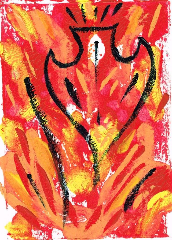 Acrylic monoprint, copyright © Julie Henkener, made to go with "Pentecost 2019" blog post.